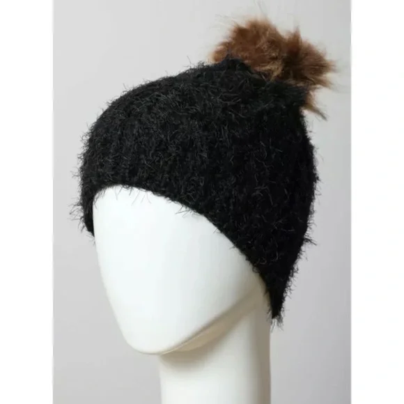 Black Faux Mohair Soft Knit Pompom Beanie Hat - Picture 4 of 4